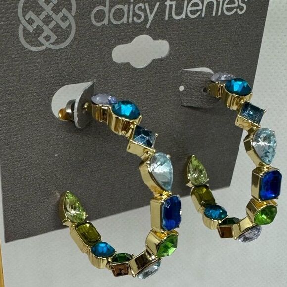 Daisy Fuentes Gold Tone Open Hoop Inside Outside Crystal Earrings 1.5 inch - Picture 1 of 8